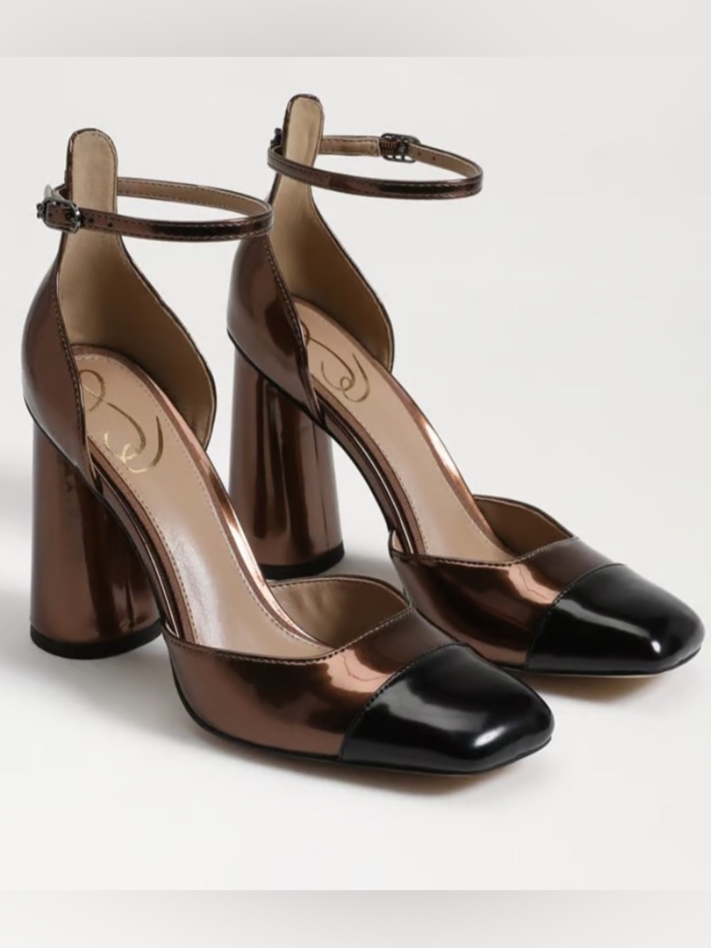 SAM EDELMAN cristine ankle strap block heel in bronze metallic Size 7.5